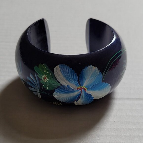 Blue flower bracelet wood cuff Hawaiian hand painted boho floral jewelry beach - Picture 2 of 10